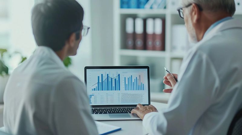 dos-medicos-analizando-datos médicos leyendo columnas de datos en el ordenador